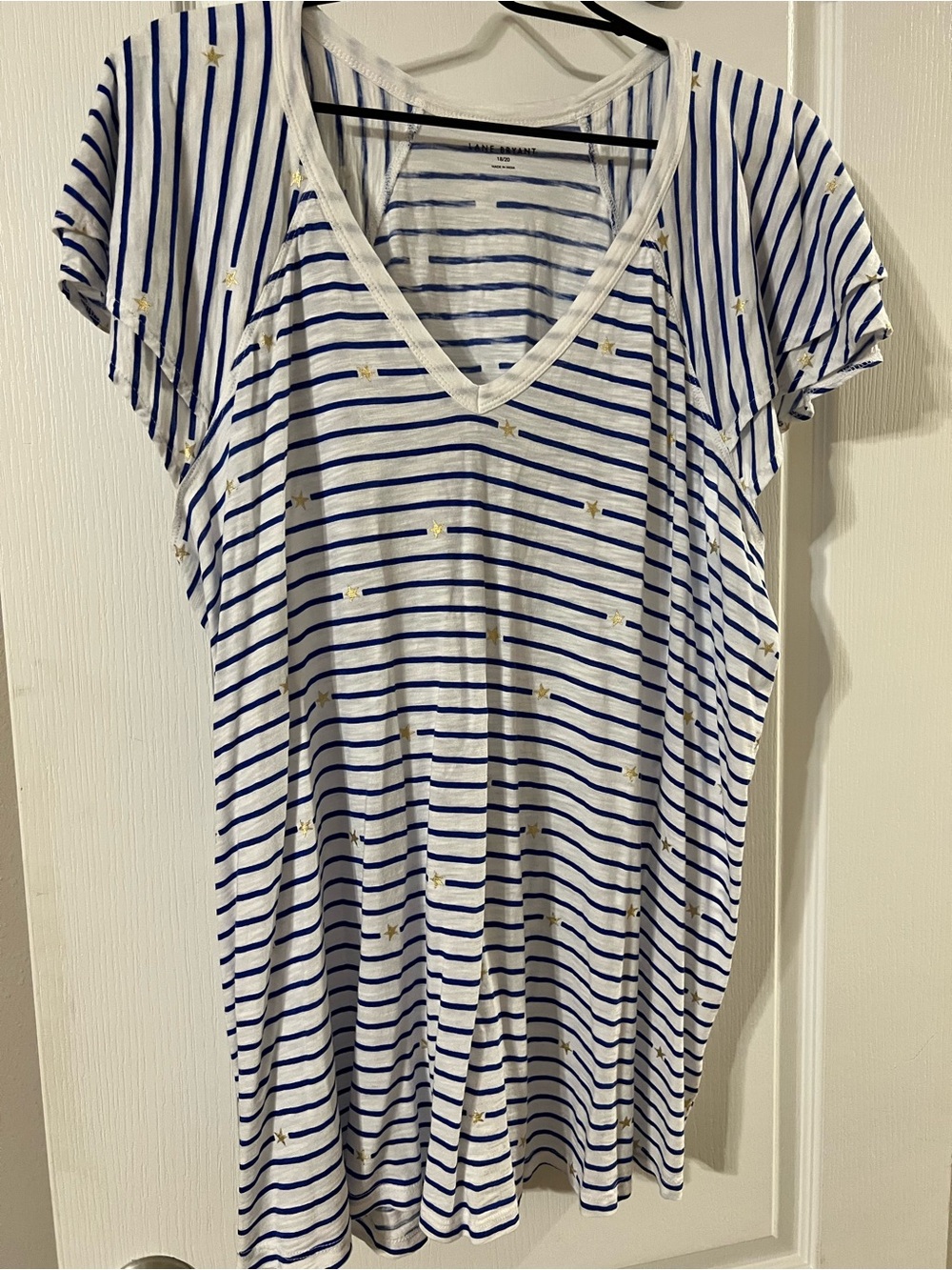 Lane Bryant White Tee with Blue Stripes and Gold Star Detail